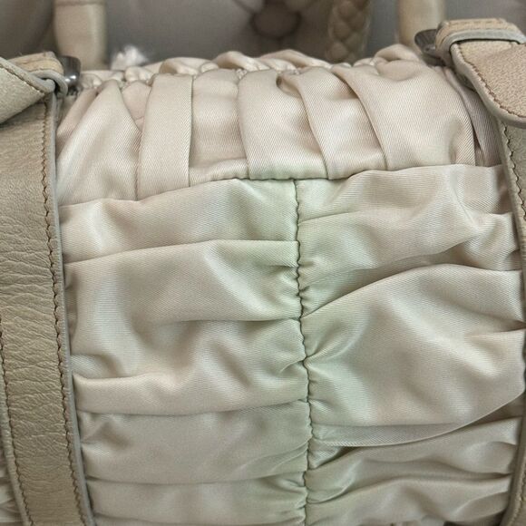 Prada Beige Gaufre Tessuto Nylon Handbag Braided Leather Handles - Picture 7 of 11